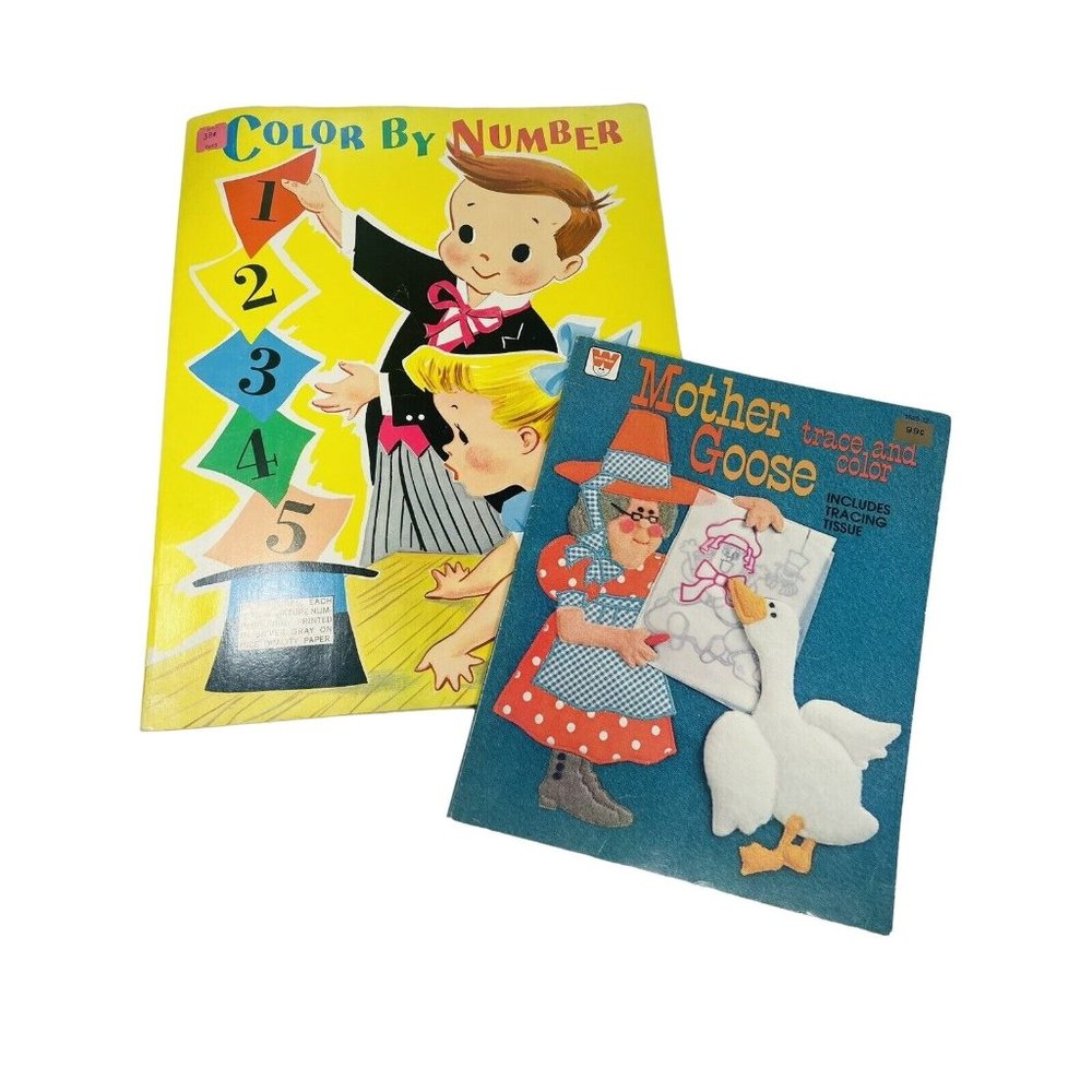 2  VINTAGE MOTHER GOOSE And Color By Number Actually Kids Books